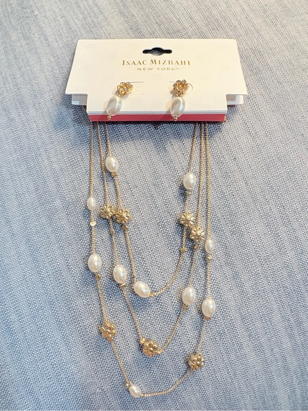 Isaac Mizrahi Gold Tone Multi-Strand Necklace with White Pearl Drops